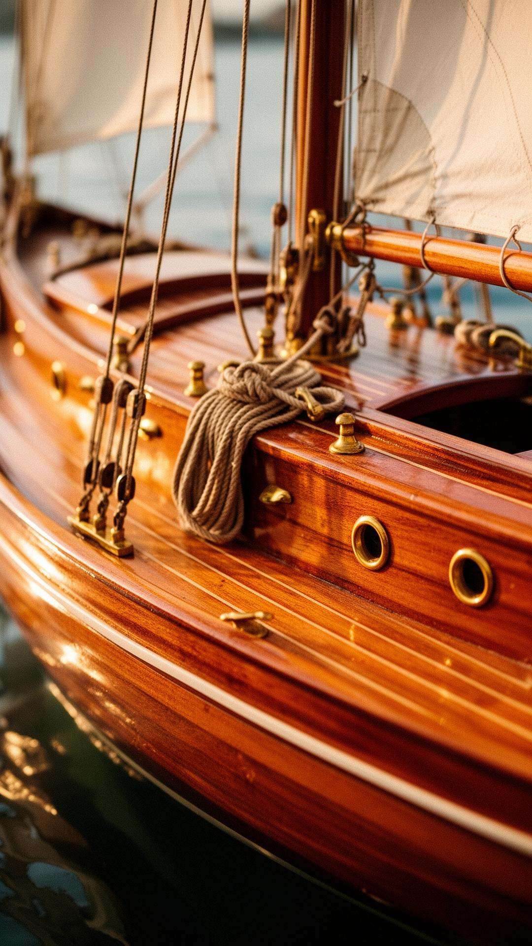Detail of the boat's varnished wood and brass fittings